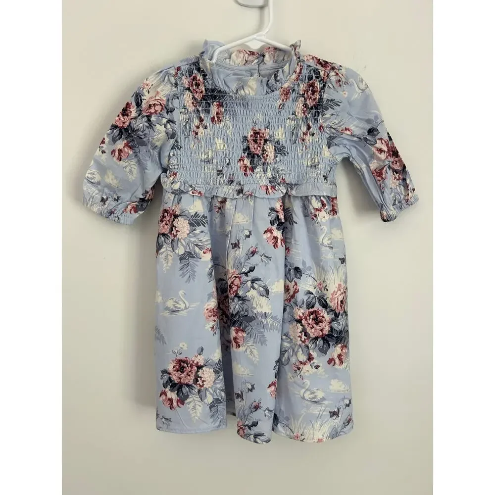 Janie and Jack Girl's 2T Pale Blue Swan Floral The Sylvie Smocked Dress NWT